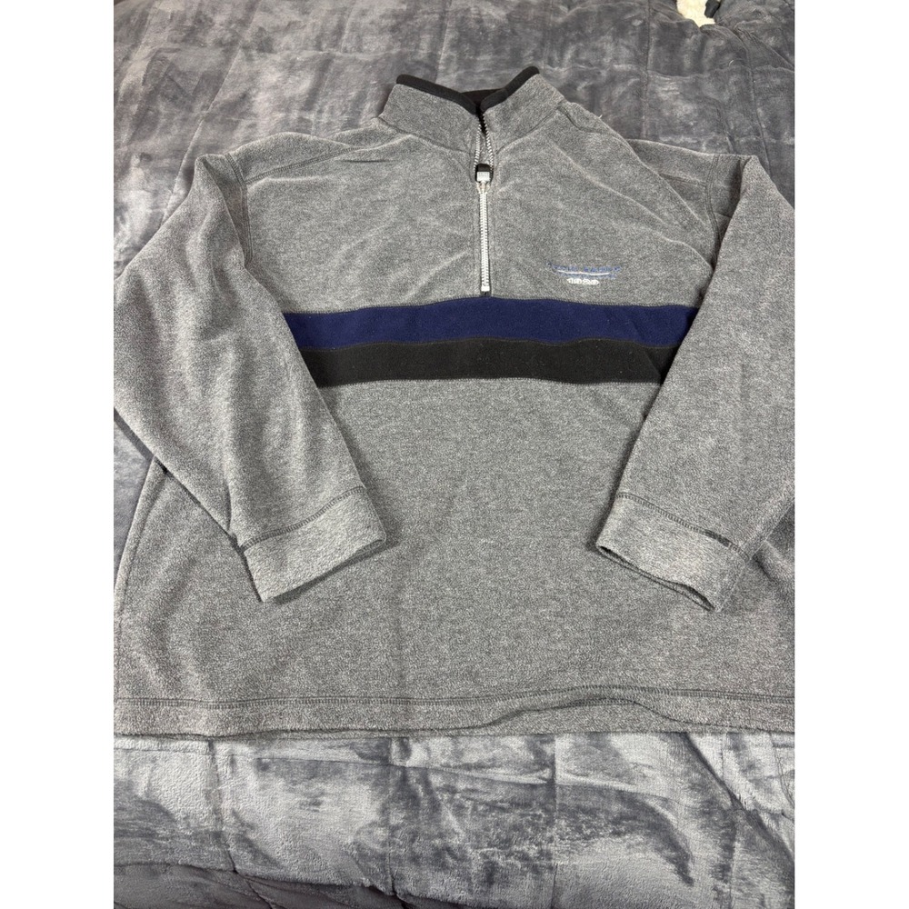 Eddie Bauer Mens Medium Quarter Zip Fleece Pullover Grey Striped Mock Neck Logo‎